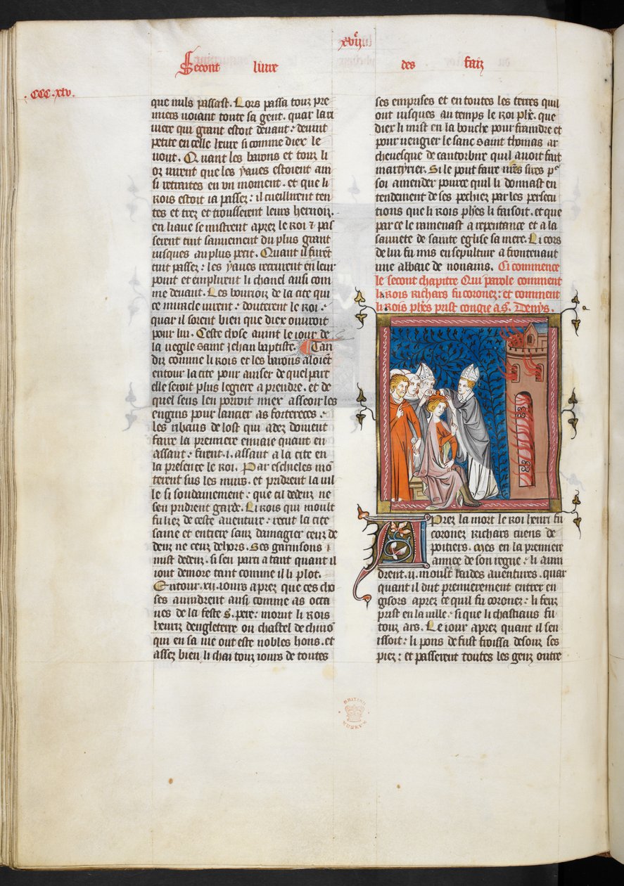 Royal Ms 16 g VI f.347v تتويج الملك ريتشارد الأول ، رسم توضيحي من "Les Grandes chroniques de France" بواسطة المدرسة الفرنسية