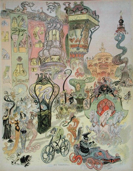 Rue Modern-Style ، من مجلة 'Au Temps Present' ، حوالي 1890-1900 (لون ليثو) بواسطة المدرسة الفرنسية
