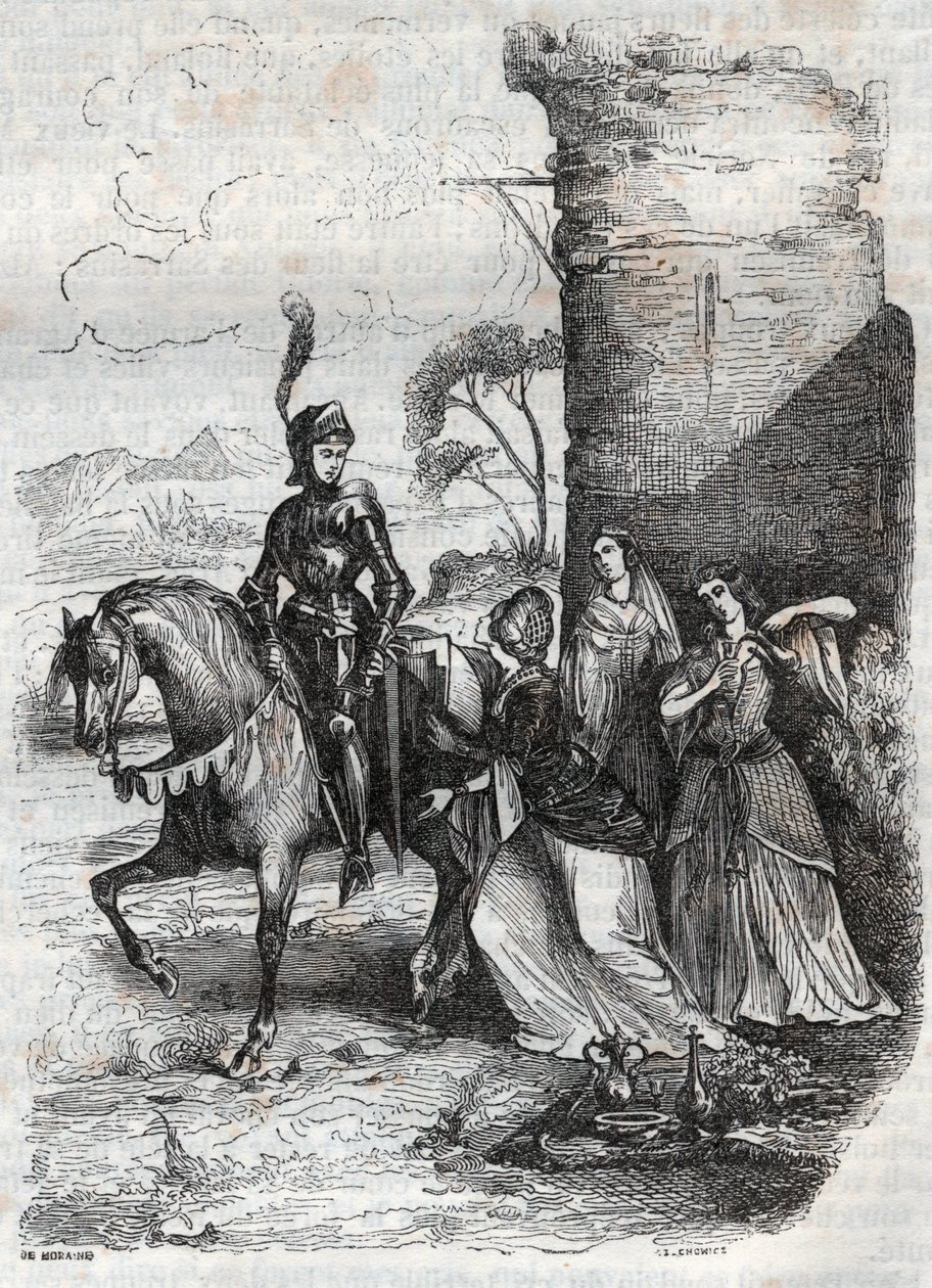 روجيرو وثلاث حوريات من بلاط ألسينا - نقش عام 1851 من قصيدة أورلاندو فوريوسو بواسطة المدرسة الفرنسية