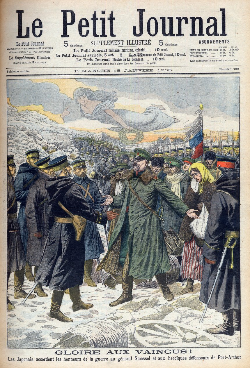 الحرب الروسية اليابانية 1904-1905: سمح اليابانيون للجنرال ستوسل والمدافعين الروس عن بورت آرثر بالاستسلام المشرف. من لو بيتي جورنال ، باريس بواسطة المدرسة الفرنسية