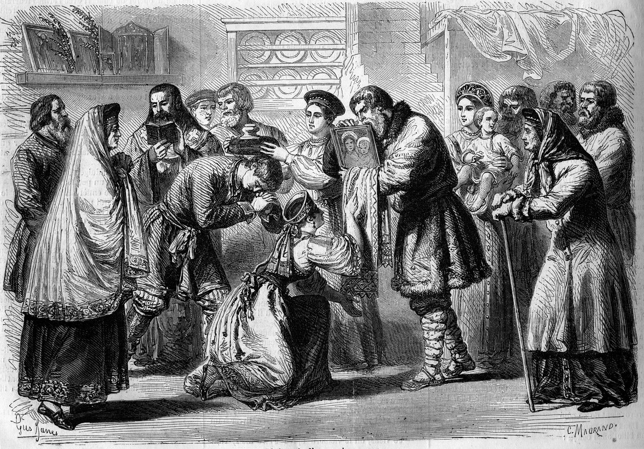 العرف الروسي - الزفاف - 1860: مراسم ما قبل الزفاف. العراب والعرابة يباركان الزواج في المستقبل. يقدم لهم الأب الروحي صورة المسيح أو العذراء رمز التكريس الديني. العرابة تحمل الخبز والملح فوق رأس بواسطة المدرسة الفرنسية