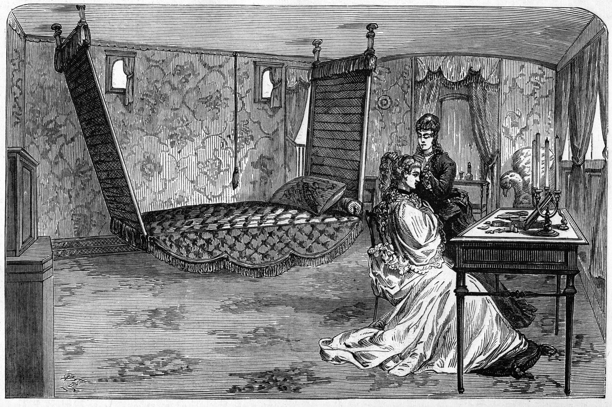 القطار الإمبراطوري الروسي الذي استخدمه دوق ودوقة إدنبرة عام 1874: عربة النوم. نقش في "" Le Monde Illustré "" رقم 886 بتاريخ 6 أبريل 1874. بواسطة المدرسة الفرنسية