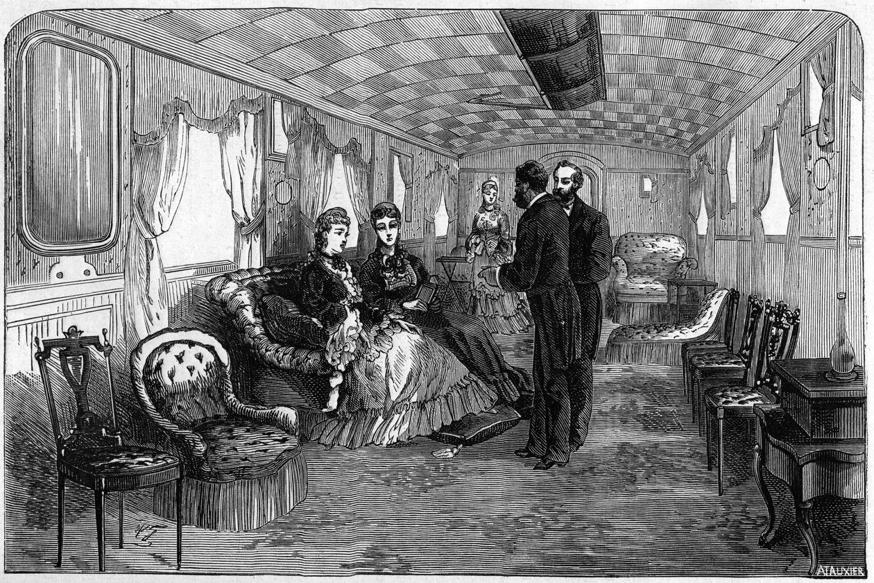 القطار الإمبراطوري الروسي الذي استخدمه دوق ودوقة إدنبرة عام 1874: عربة الصالون. نقش في "" Le Monde Illustré "" رقم 886 بتاريخ 6 أبريل 1874. بواسطة المدرسة الفرنسية