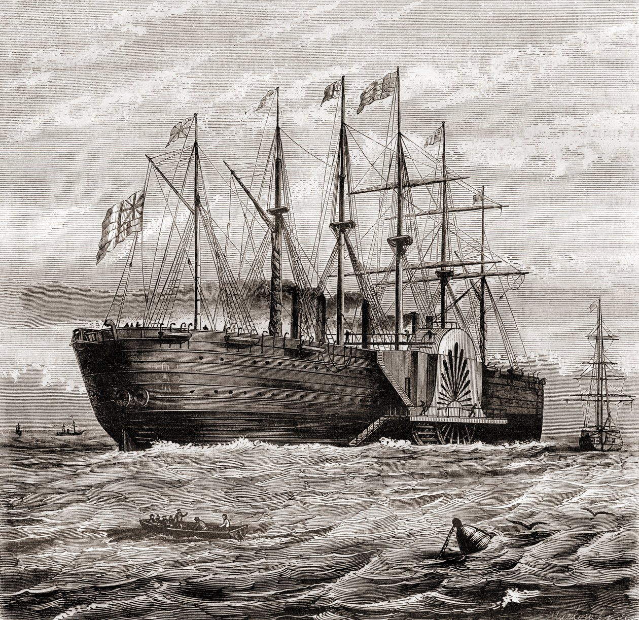 SS Great Eastern ، سفينة بخارية إبحار حديدية من تصميم Isambard Kingdom Brunel ، من Les Merveilles de la Science ، تم نشرها حوالي عام 1870 (نقش) بواسطة المدرسة الفرنسية