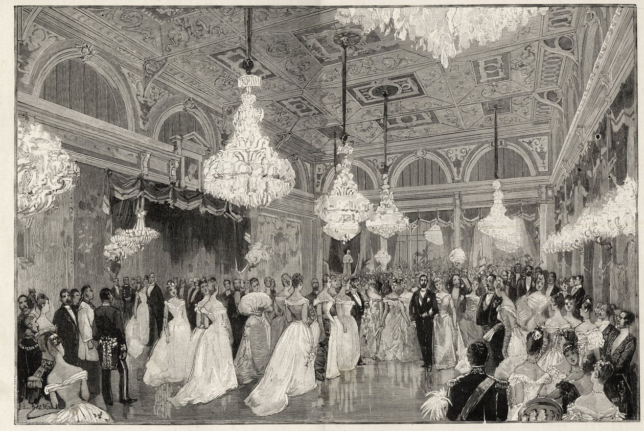 سعدي كارنو (1837-1894) الرئيس الفرنسي من 1887 إلى 1894 وزوجته في قصر الإليزيه - سعدي كارنو ، رئيس الجمهورية الفرنسية وزوجته - أعياد الرئاسة - قاعة الرقص الجديدة في قصر الإليزيه - نقش في اللامع بواسطة المدرسة الفرنسية