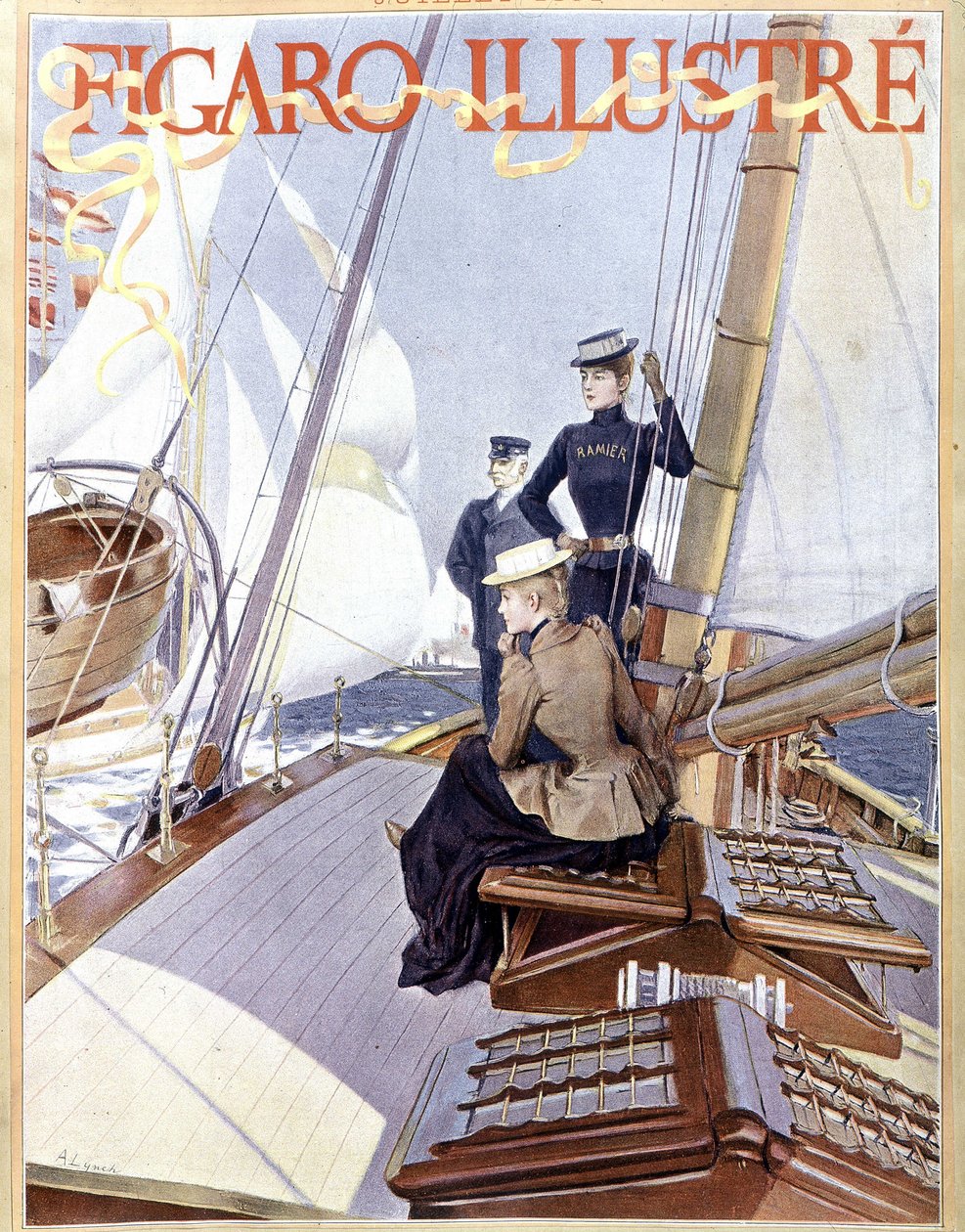 الإبحار: نساء على ظهر قارب - رسم "" مصور فيجارو "عام 1891 ، آرت ديكو. بواسطة المدرسة الفرنسية