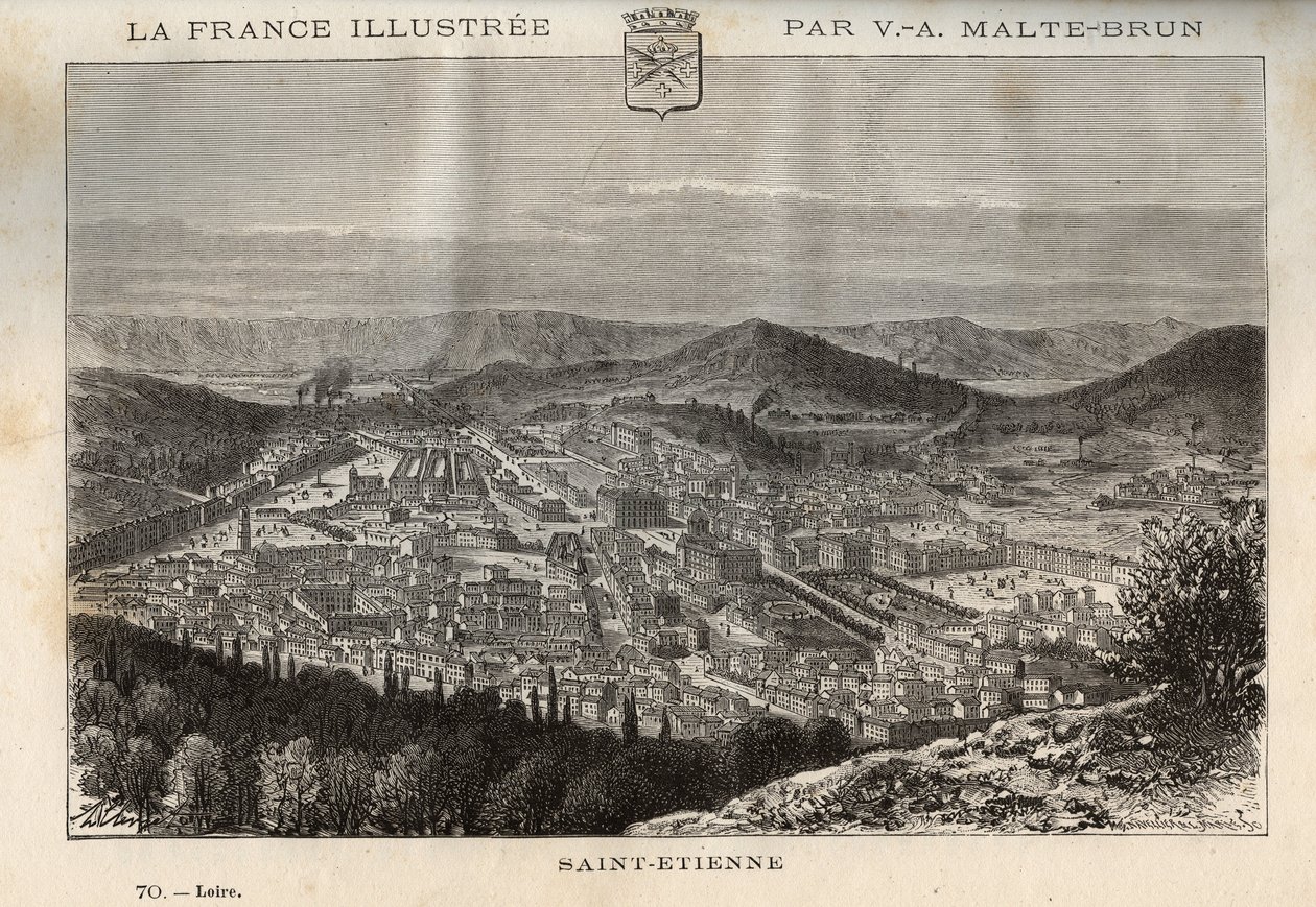 Saint-Etienne (Saint Etienne) - نقش في "" France illustree: الجغرافيا والتاريخ والإدارة الإحصائية "" بقلم V.-A. الشعير براون. 1884 بواسطة المدرسة الفرنسية