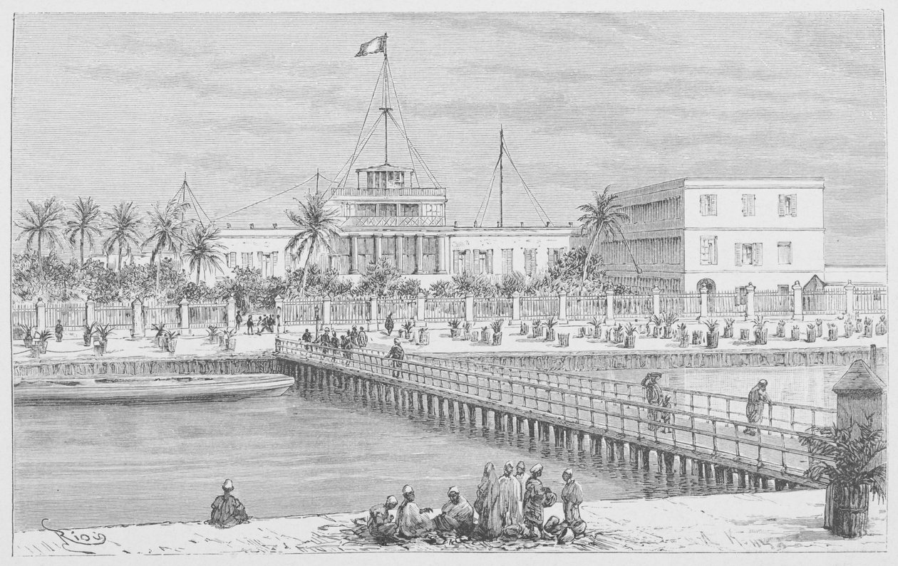 سانت لويس ، منظر لـ N "Dar ، Pont de Guet ، رسم توضيحي من" Le Senegal ... "بواسطة Louis Leon Faidherbe ، 1889 بواسطة المدرسة الفرنسية
