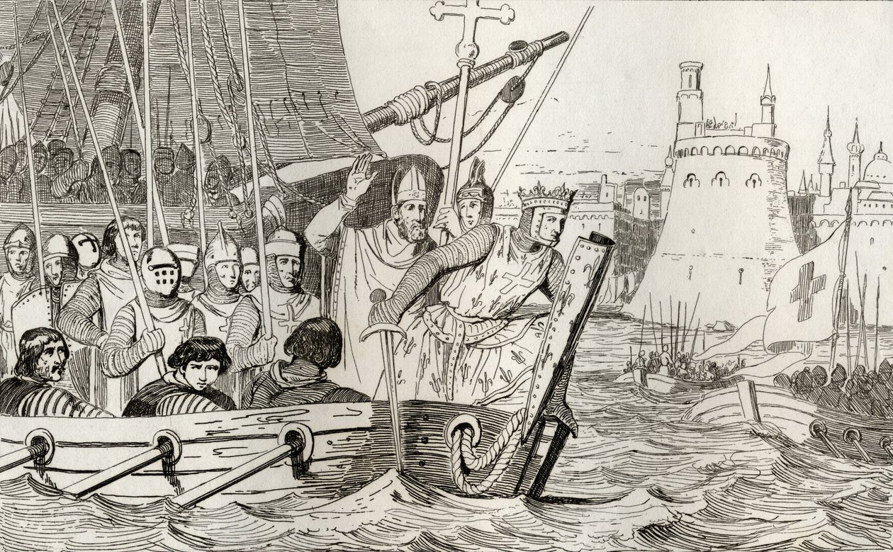 يقود سانت لويس التاسع (1214-70) قواته في المعركة ، من "هيستوار دي فرانس" بقلم كولارت ، نُشر عام 1840 بواسطة المدرسة الفرنسية