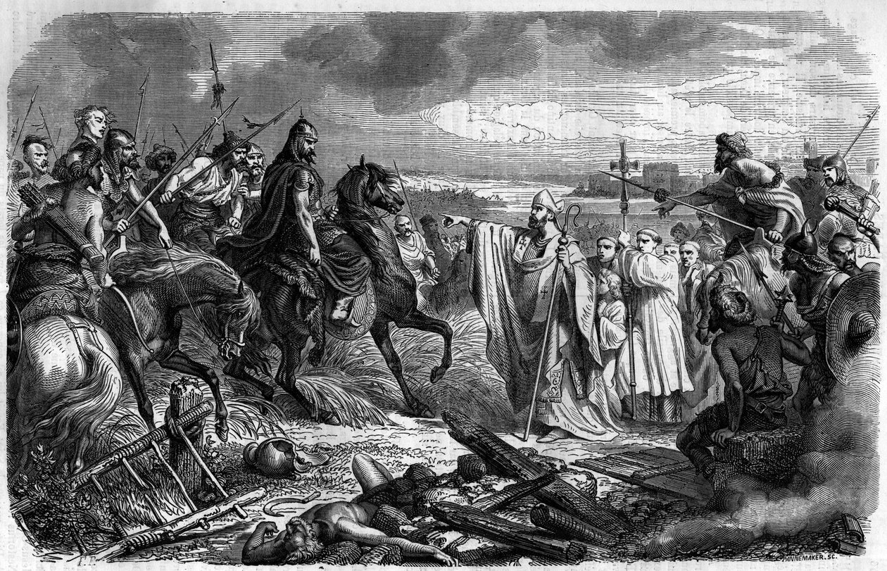 Saint Loup (أو Saint-Loup ، v.383-479) ، eveque of Troyes ينقذ المدينة من غضب Attila (v.406-453) ملك قبائل الهون في 451 - الغزوات البربرية - نقش في "Histoire des Papes-King-Queen-and-Empereurs عبور القرون "بواسطة Ma بواسطة المدرسة الفرنسية