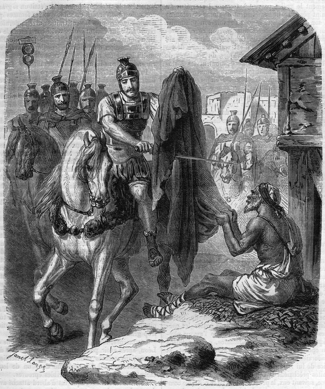 Saint Martin de Tours (Saint-Martin-de-Tours, v. 316-397) making two pieces of his coat to give it to a poor man. Engraving in “Histoire des Papes-Rois-Queen and Empereurs a travers les centuries”” by Maurice Lachatre بواسطة المدرسة الفرنسية