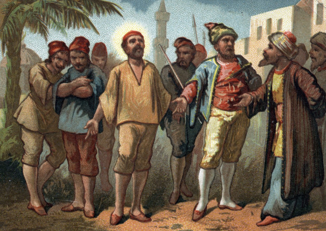 القديس فنسنت دي بول (1581-1660) ، تم القبض على القس من قبل القراصنة الأتراك الذين باعوه كعبيد في تونس. الطباعة الحجرية الملونة في أواخر القرن التاسع عشر. بواسطة المدرسة الفرنسية