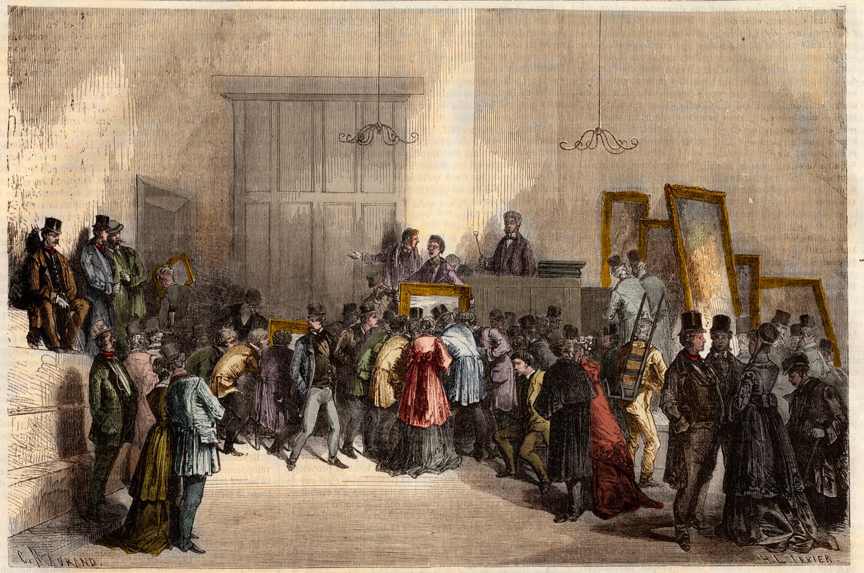 بيع لوحات في فندق مزادات في باريس عام 1868. نقش في "L'Univers illustrious" بواسطة المدرسة الفرنسية