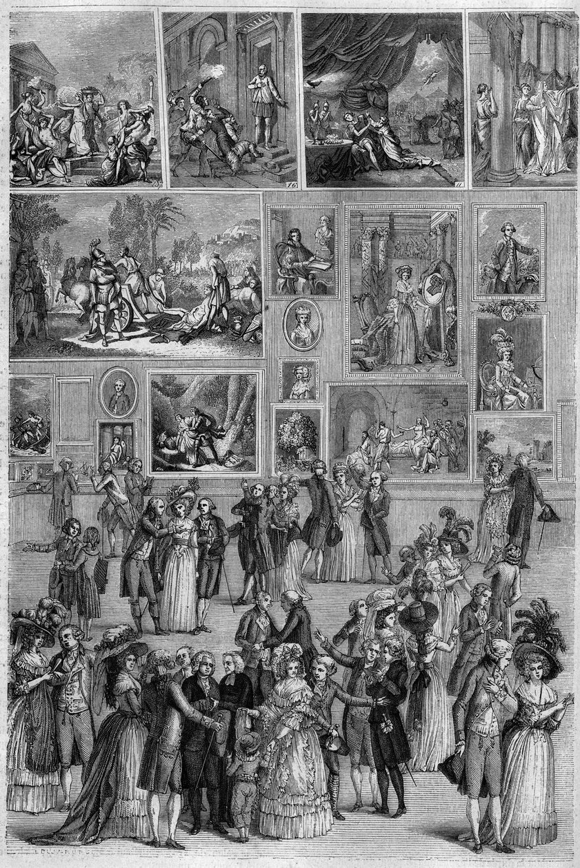 صالون 1787: منظر لصالون كاري بمتحف اللوفر خلال معرض الرسم في باريس. نقش مارتيني في "" The Picturesque Store "" بواسطة المدرسة الفرنسية