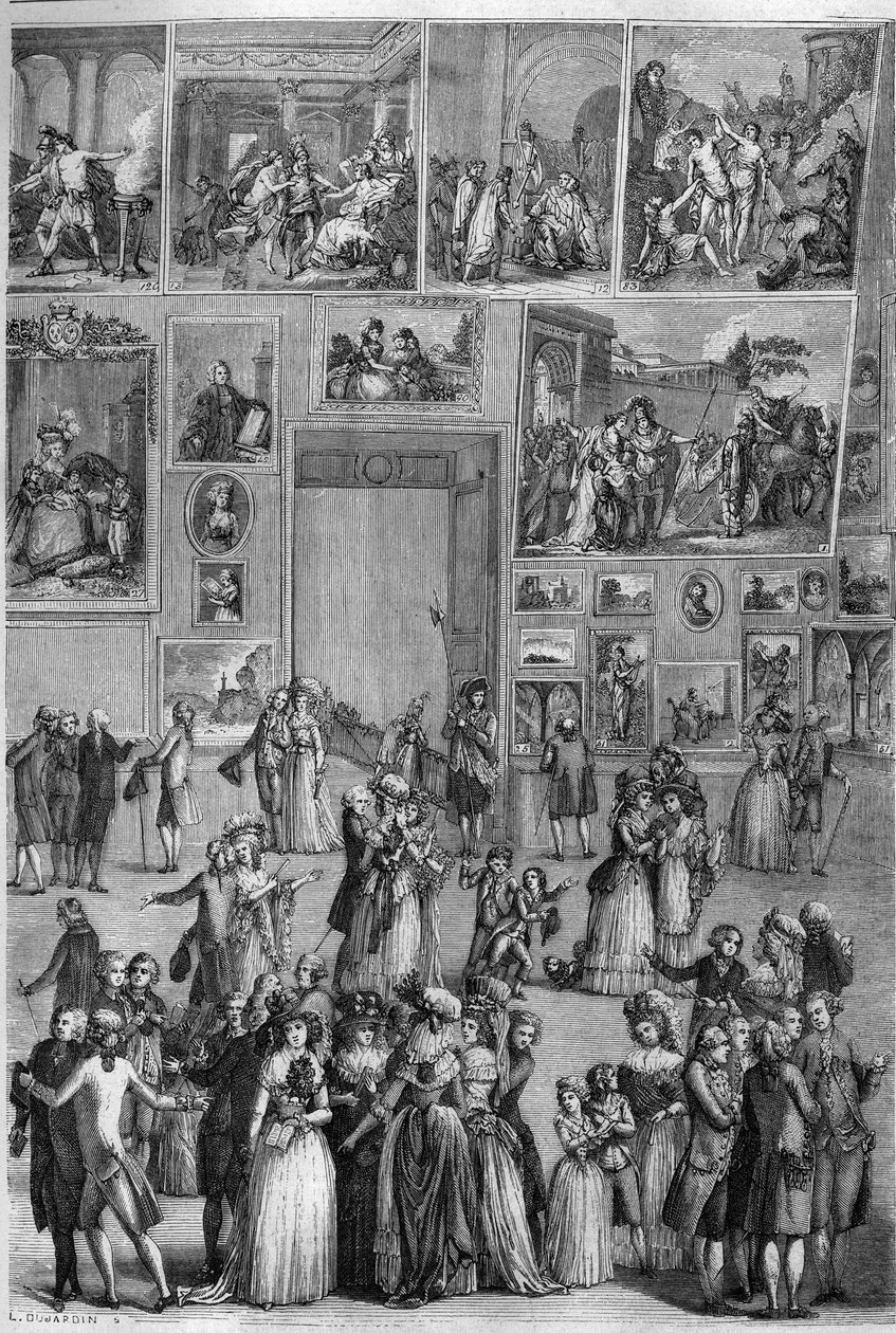 صالون 1787: منظر لصالون كاري بمتحف اللوفر خلال معرض الرسم في باريس. نقش مارتيني في "" The Picturesque Store "" بواسطة المدرسة الفرنسية