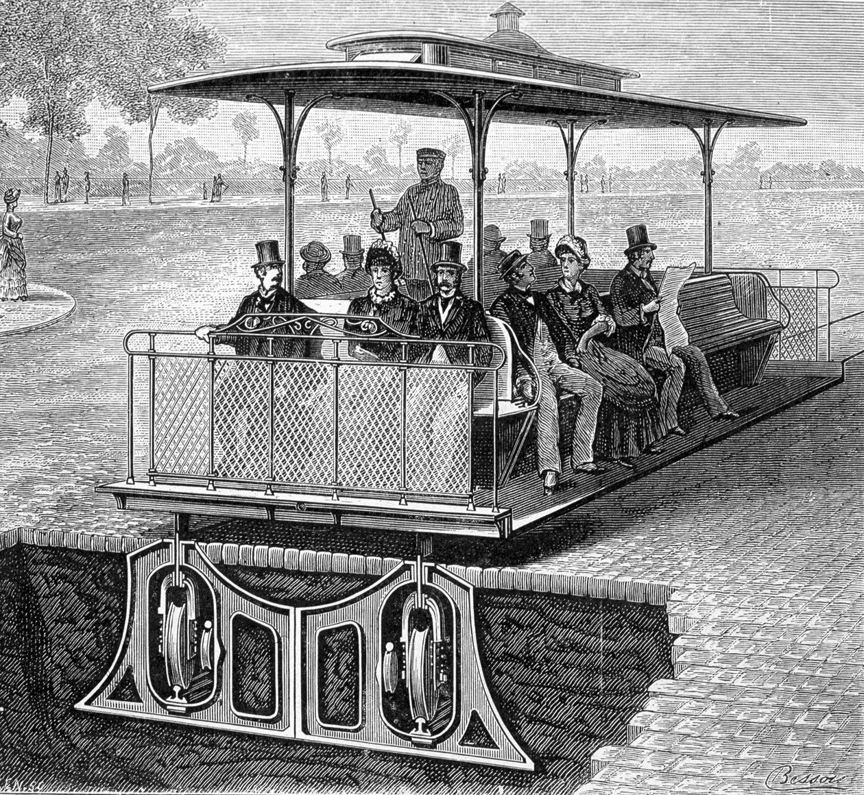 San Francisco funicular tramway with invisible wheels - in “” The new conquests of science”” by Louis Figuier بواسطة المدرسة الفرنسية