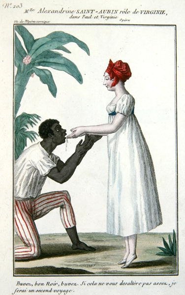 مشهد من أوبرا "Paul et Virginie" يظهر مادموزيل ألكسندرين سانت أوبين في دور "فيرجيني" ، حوالي 1820-30 (نقش ملون) بواسطة المدرسة الفرنسية