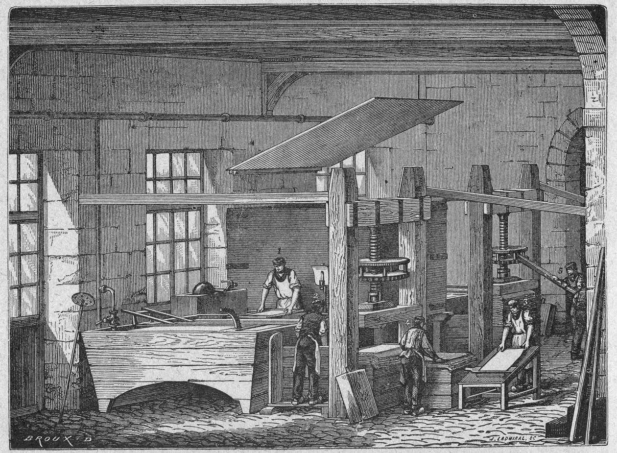 علم. صناعة الورق. ورق مصنوع يدويًا. نقش: رجال عظماء وحقائق عظيمة عن الصناعة ، فرنسا ، حوالي 1880 (نقش) بواسطة المدرسة الفرنسية