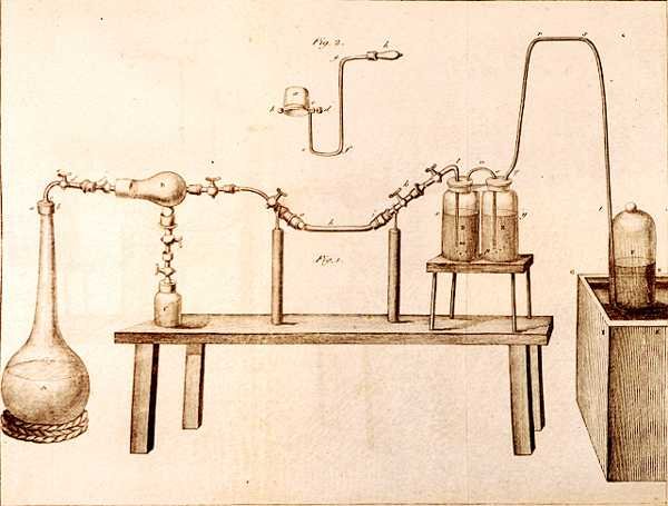 المعدات العلمية ، من عناصر الكيمياء ، أنطوان لوران دي لافوازييه (1743-1794) ، نقشها D.Lizars ، 1796 بواسطة المدرسة الفرنسية