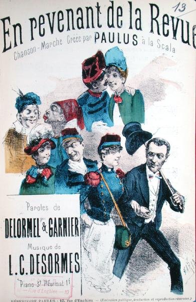 سجل لأغنية En Revenant de la Revue ، التي أنشأها Paulus (1845-1908) في la Scala ، موسيقى LC Desormes ، نص من Delormel and Garnier ، c1890 (نقش ملون) بواسطة المدرسة الفرنسية