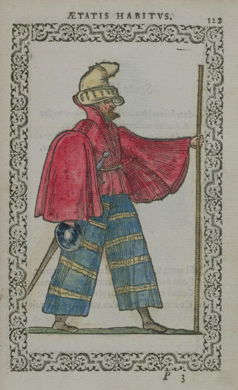 رجل اسكتلندي يرتدي زيًا محليًا ، من Costumes du Monde ، نُشر في أنتويرب ، 1572 (نقش الخشب الملون) بواسطة المدرسة الفرنسية