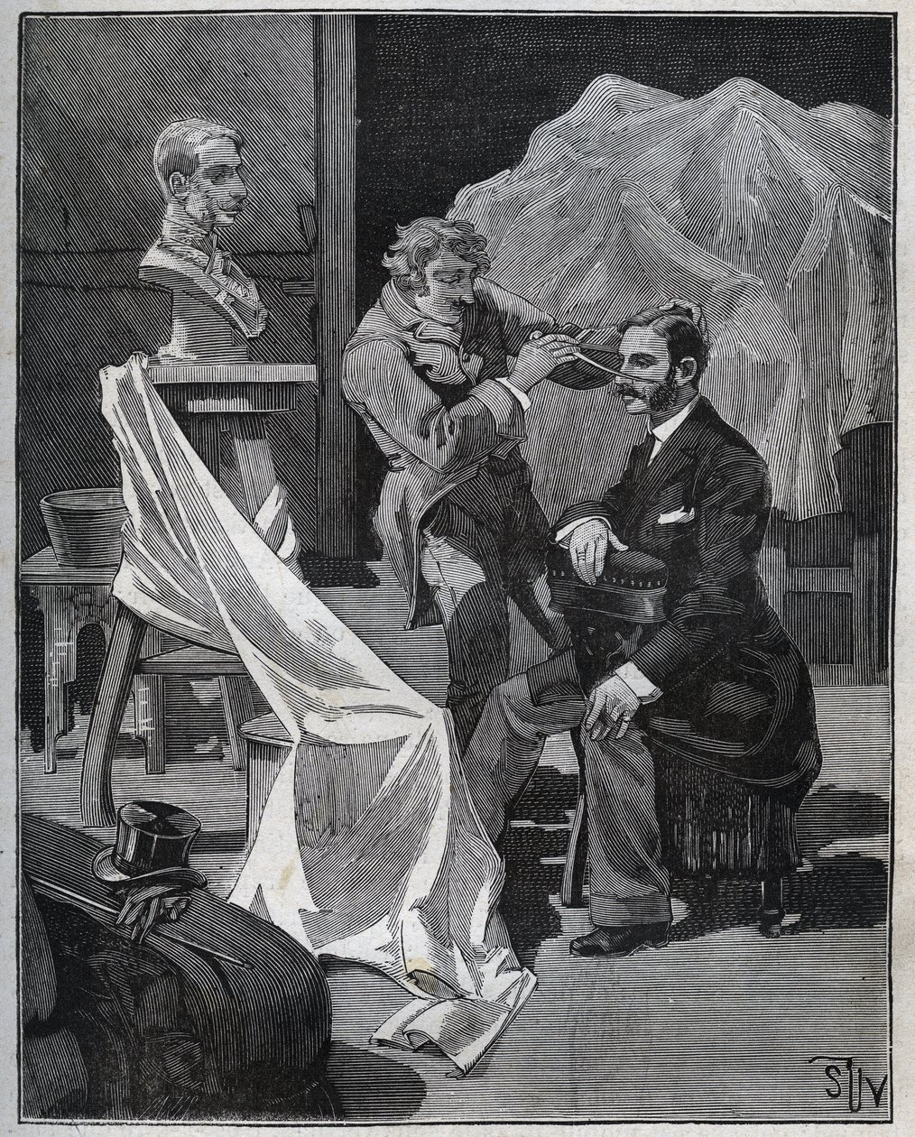 النحت ، ورشة عمل نحات ، بؤرة ونحت تمثال نصفي. نقش من عام 1880 في "" Les Arts et metiers Illustres "" لأدولف بيتارد. بواسطة المدرسة الفرنسية