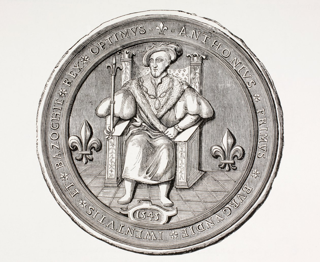 ختم ملك Basoche ، زعيم نقابة الكتبة القانونيين لنظام محاكم باريس ، من Les Arts au Moyen Age ، تم نشره عام 1873 بواسطة المدرسة الفرنسية