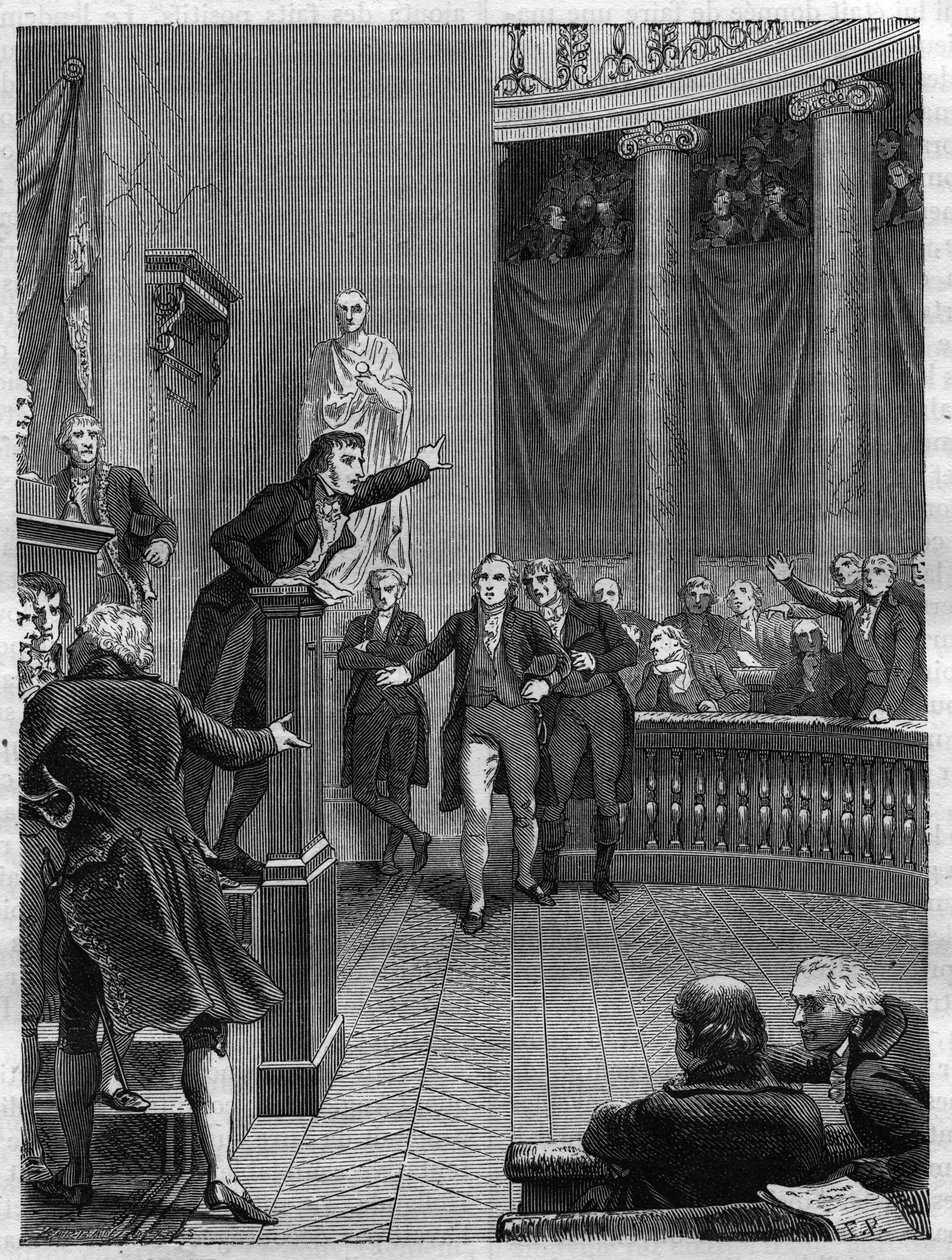 Seance du Tribunat: خطاب بنجامين كونستانت (1767-1830) في المنبر يندد بالنظام الذي وضعه نابليون ، يناير 1800 - نقش عام 1865 في "" تاريخ القنصلية والإمبراطورية "بقلم لويس أدولف تيير - السياسي الفرنسي بنيامين ثابت بواسطة المدرسة الفرنسية