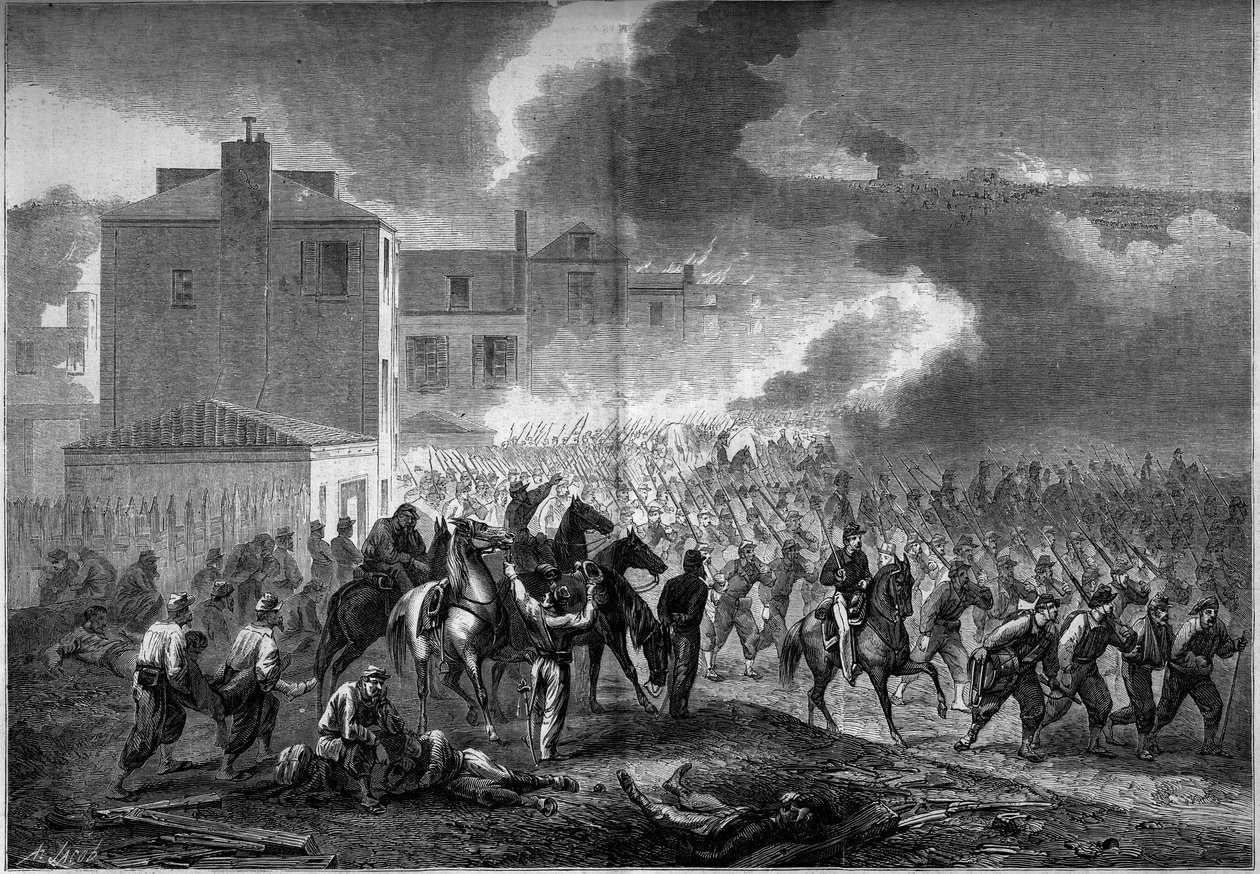حرب الانفصال (1861-1865) أو الحرب الأهلية الأمريكية: إخلاء مدينة كورينث (ميسيسيبي) عام 1862. نقش في "" لوموند إليستري "" رقم 275 بتاريخ 19 يوليو 1862. بواسطة المدرسة الفرنسية
