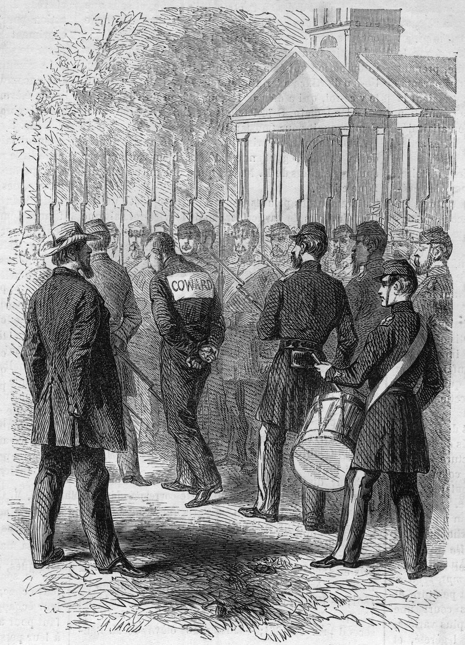 حرب الانفصال (1861-1865) أو الحرب الأهلية الأمريكية: معاقبة جندي من سلاح الشمال متهم بالكراهية في القتال. يديه مقيدتان ، لافتة "لاش" على ظهره ، يعبر المخيم على صوت الطبل. نقش في "" Le Monde Illustré "" رقم بواسطة المدرسة الفرنسية