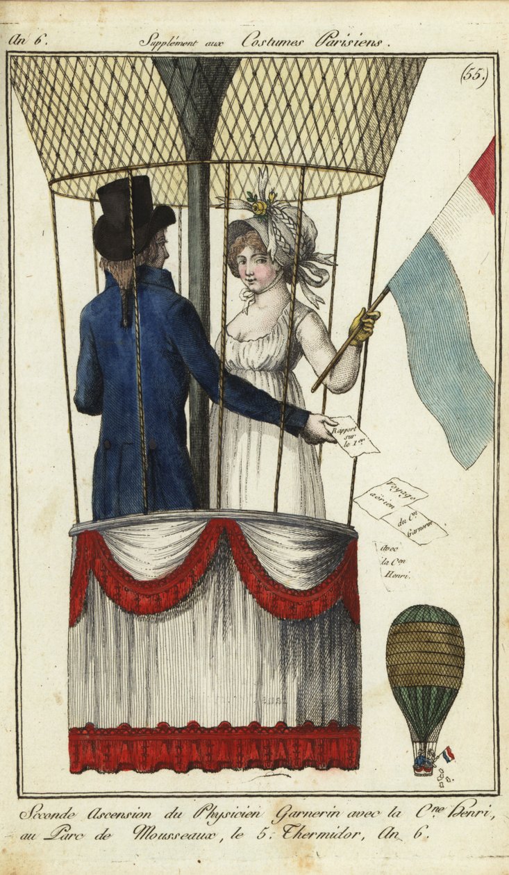 Second balloon ascent of Dr. Andre-Jacques Garnerin, 8 July 1798 (handcoloured copperplate engraving) بواسطة المدرسة الفرنسية
