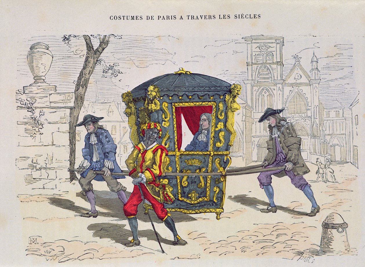 كرسي سيدان في القرن السادس عشر ، من Costumes de Paris a Travers les Siecles ، تم نشره عام 1887 (نقش الألوان) بواسطة المدرسة الفرنسية