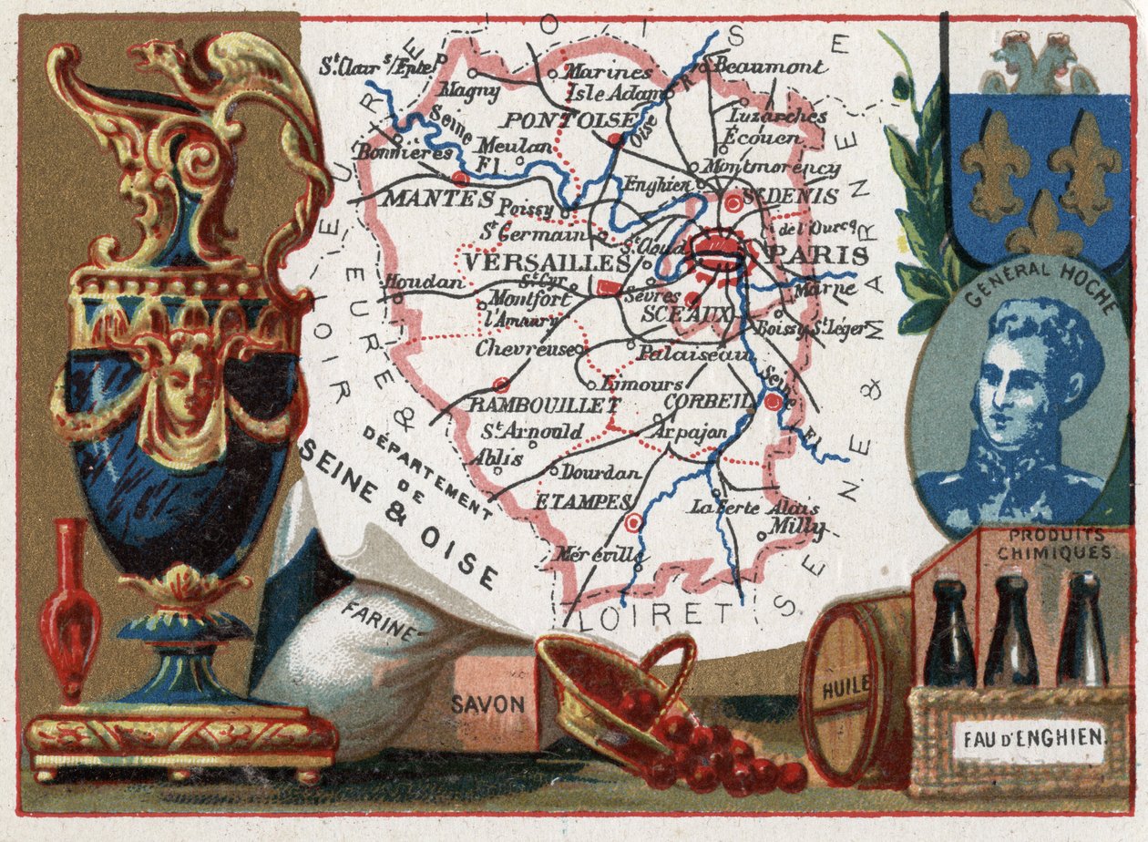Seine-Et-Oise (Seine Et Oise) ، الآن مقاطعة Essonne (91) ، Val-d'Oise (Val d'Oise ، 95) و Yvelines (78) ، Ile de France (Ile-De-France) ، فرنسا. الاختصاص المحلي: دقيق ، صابون ، زيت ، ماء نقي ، كيماويات. صورة للجنرال لازار هوش (1768 بواسطة المدرسة الفرنسية