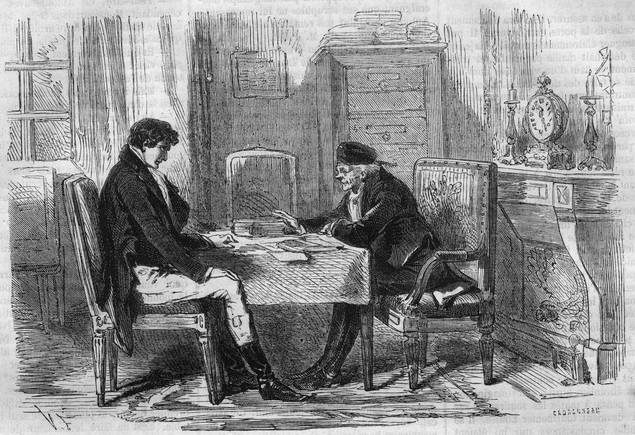 رواية المسلسل: "" غني وفقير "للكاتب إميل سوفستر (1806-1854). رجلان يتحدثان: "التورع لم يعذب أحداً قط". نقش في "" Les bons romances "" بواسطة المدرسة الفرنسية