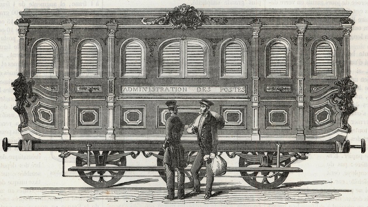 مكتب بريد - منظر خارجي للمكتب المتنقل - نقش في "Tableau-de-Paris" بواسطة Edmond Texier 1852 بواسطة المدرسة الفرنسية