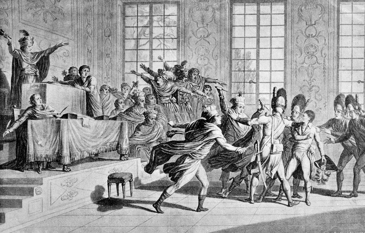 جلسة الهيئة التشريعية في orangerie de St Cloud: ظهور بونابرت ويوم التحرير للسنة الثامنة عشرة من الضباب في قاعة مجلس الخمس سنتات (خمسة سنتات) (غرفة 500) بواسطة المدرسة الفرنسية