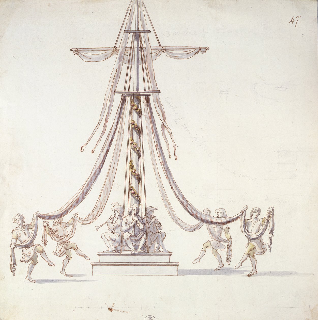 مجموعة تصميم للباليه مع البحارة يرقصون حول الصاري ، من مجموعة بعنوان Les Menus Plaisirs du Roi (مرحاض وقلم وحبر على ورق) بواسطة المدرسة الفرنسية