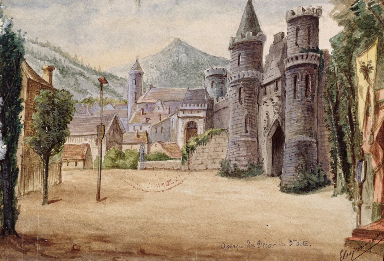 تعيين تصميم للقانون الثالث للأوبرا ويليام تيل بواسطة جياكينو روسيني (1792-1868) الذي تم إجراؤه في 3 أغسطس 1829 في أوبرا باريس (مرحاض على الورق) بواسطة المدرسة الفرنسية