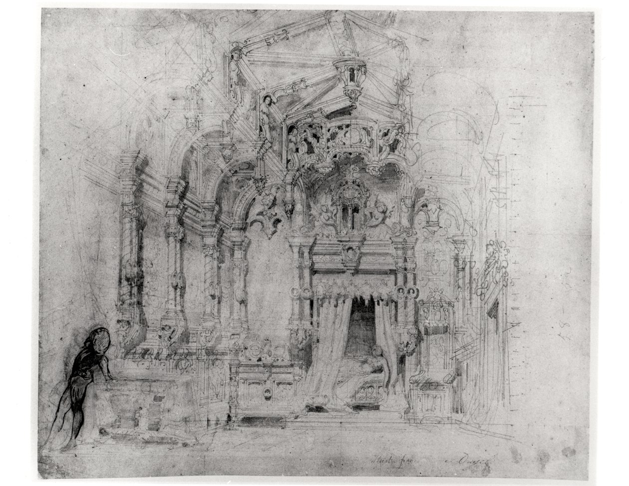 تعيين التصميم لأول إنتاج لـ Angelo ، tyran de Padoue بواسطة Victor Hugo (1802-85) ، 1835 (قلم وحبر على ورق) بواسطة المدرسة الفرنسية
