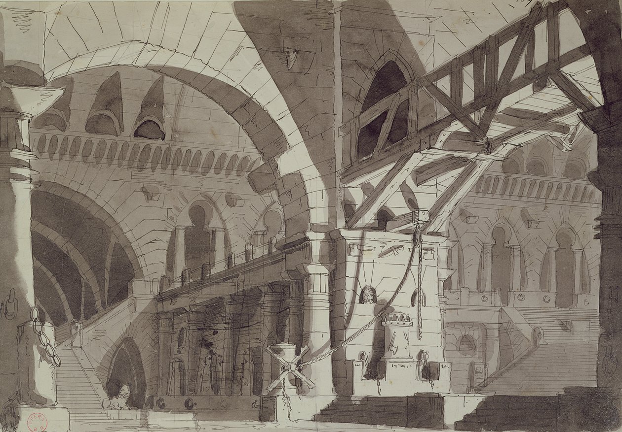 تعيين التصميم بأسلوب رسومات سجن Piranesis ، c.1800 (قلم وحبر وغسل) بواسطة المدرسة الفرنسية
