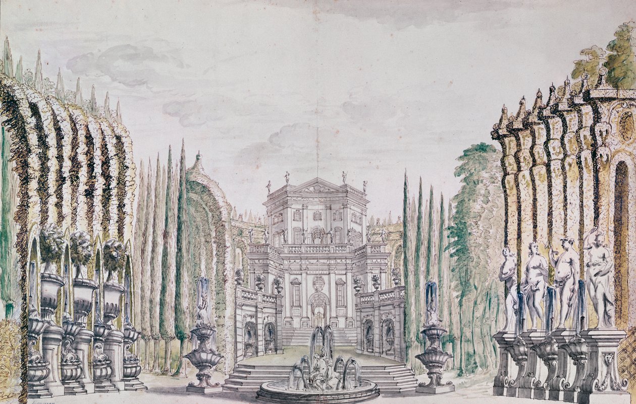 تعيين تصميم قصر للمسرح ، 1660-80 (قلم وحبر ومرحاض على ورق) بواسطة المدرسة الفرنسية