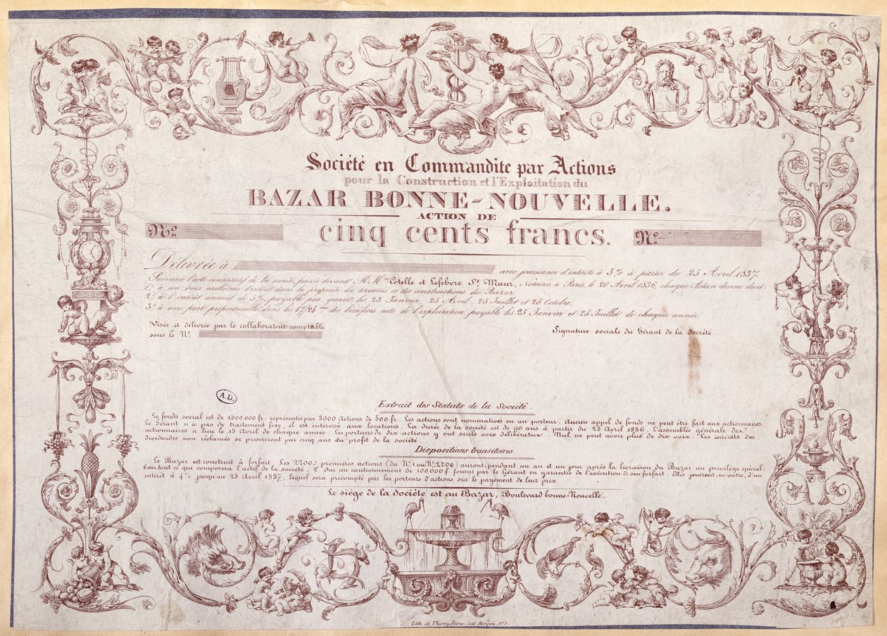شهادة أسهم بقيمة 500 فرنك للبازار بوني نوفيل 1836 بواسطة المدرسة الفرنسية