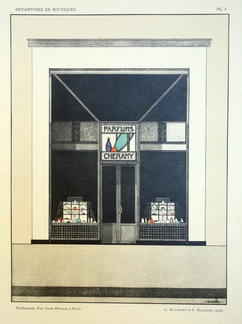 واجهة المتجر ، اللوحة 1 ، رسم توضيحي من Devantures de Boutiques بواسطة Louis-Pierre Sezille ، باريس ، 1927 بواسطة المدرسة الفرنسية