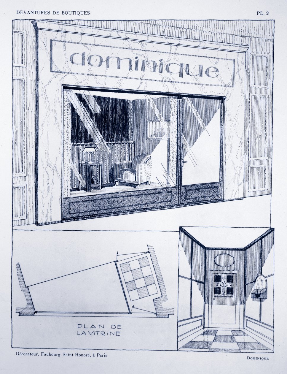 واجهة المتجر ، اللوحة 2 ، رسم توضيحي من Devantures de Boutiques بواسطة Louis-Pierre Sezille ، باريس ، 1927 بواسطة المدرسة الفرنسية