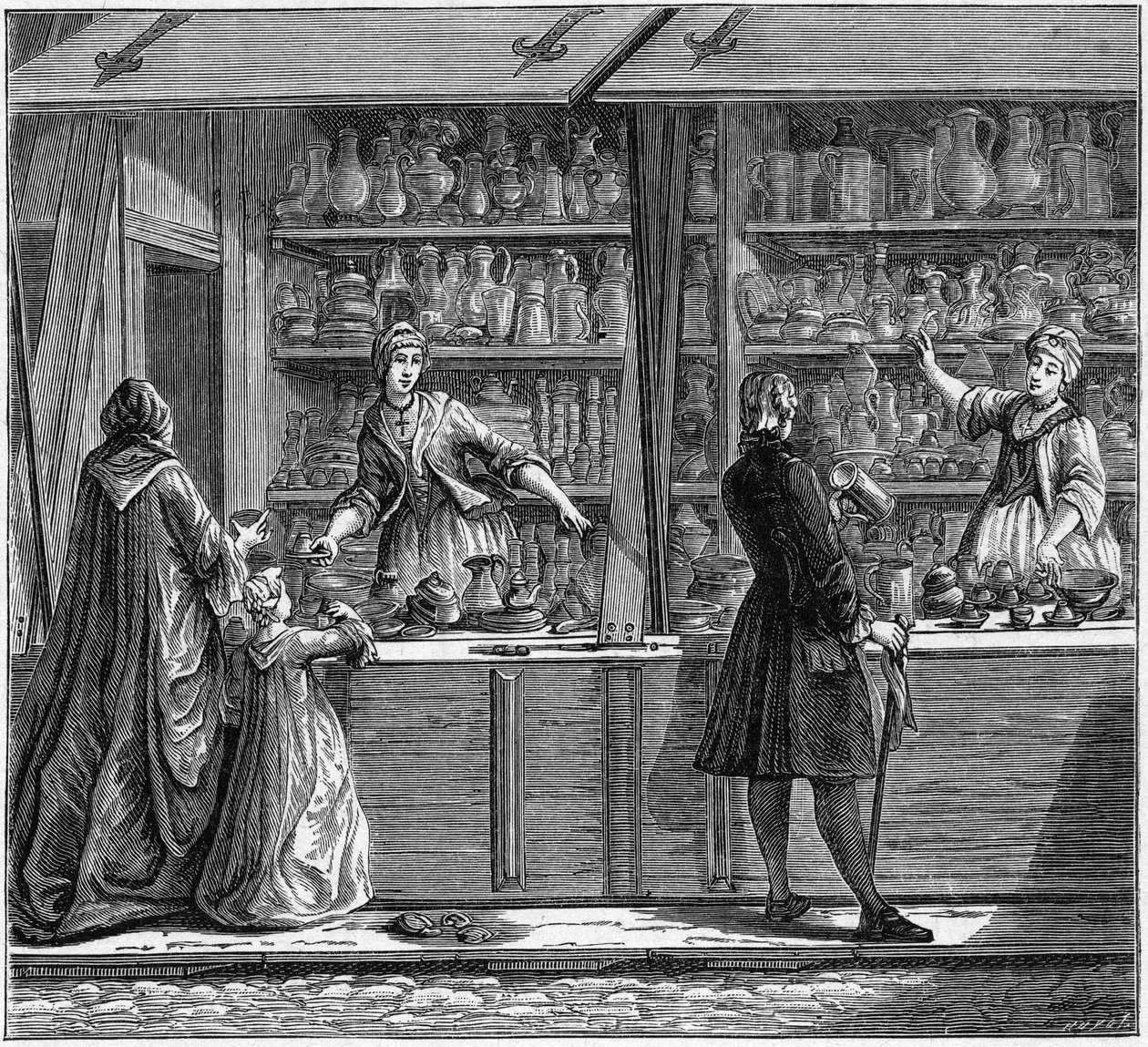 محل لفخار من الصفيح في القرن الثامن عشر. نقش في "La Marine et les Colonies: Commerce" بواسطة المدرسة الفرنسية
