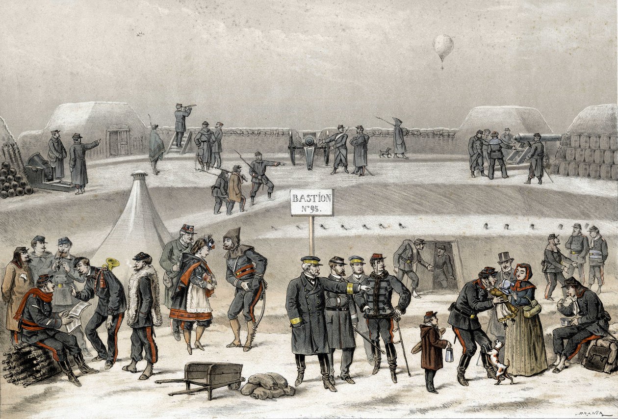 حصار باريس عام 1870 أثناء الحرب 1870-1871. يستعد الجنود للدفاع عن المدينة: يمكن للمرء أن يرى جنديًا في المخبأ. بواسطة المدرسة الفرنسية