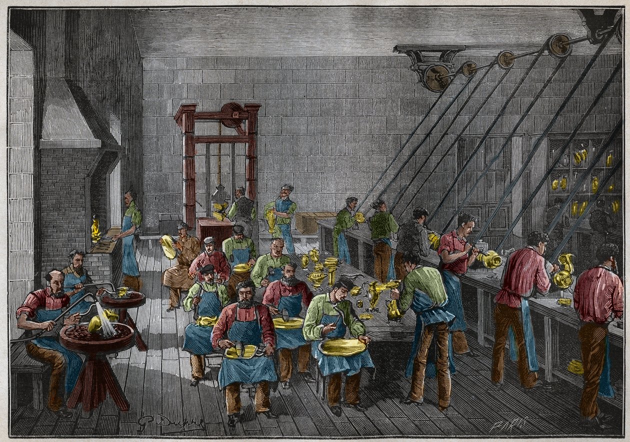 ورشة الفضيات في فرنسا في القرن التاسع عشر. نقش من عام 1885 في "" Les Arts et metiers Illustres "" لأدولف بيتارد. بواسطة المدرسة الفرنسية