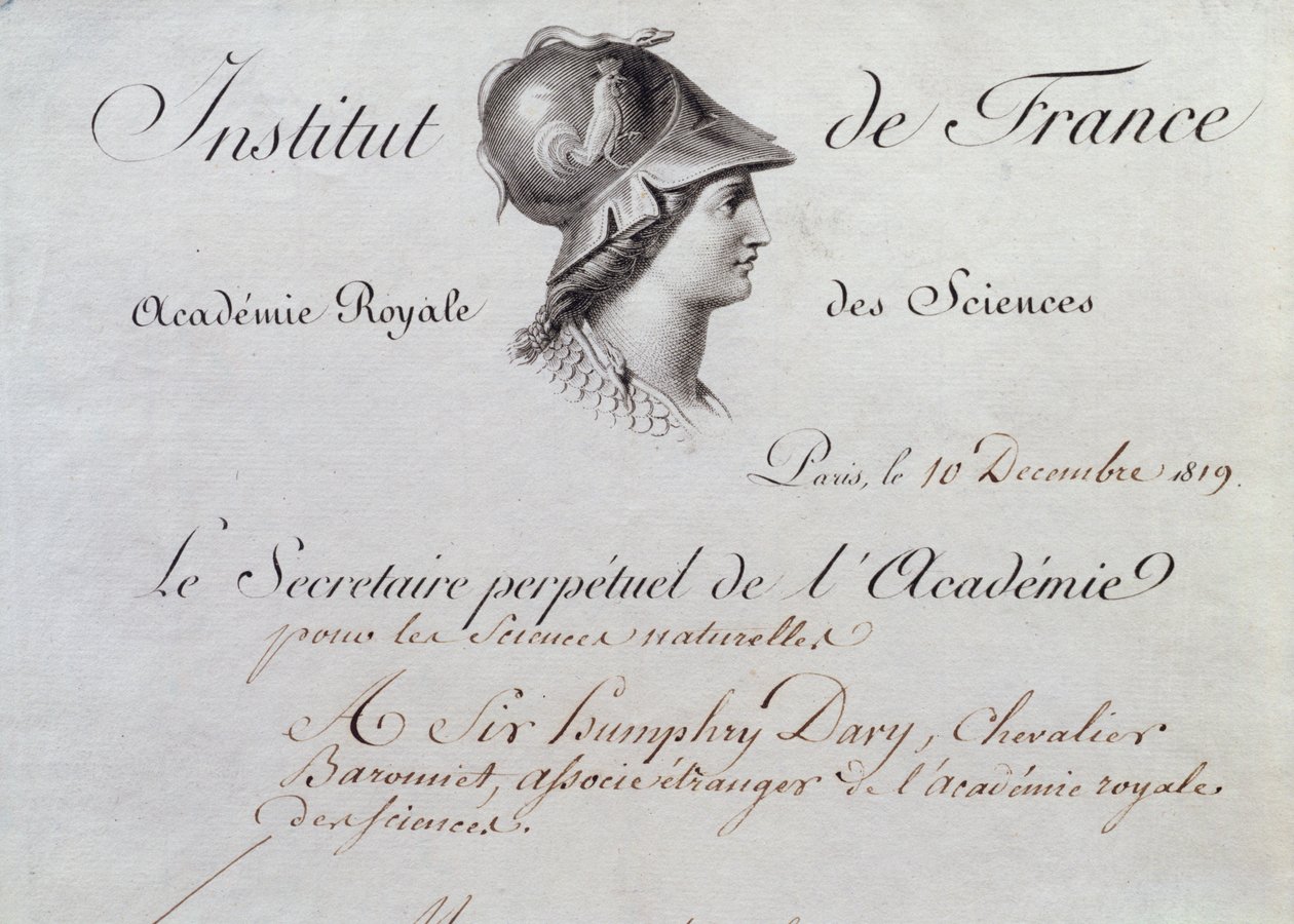 شهادة السير همفري ديفي (1778-1829) شهادة عضوية في معهد فرنسا ، 10 ديسمبر 1819 بواسطة المدرسة الفرنسية