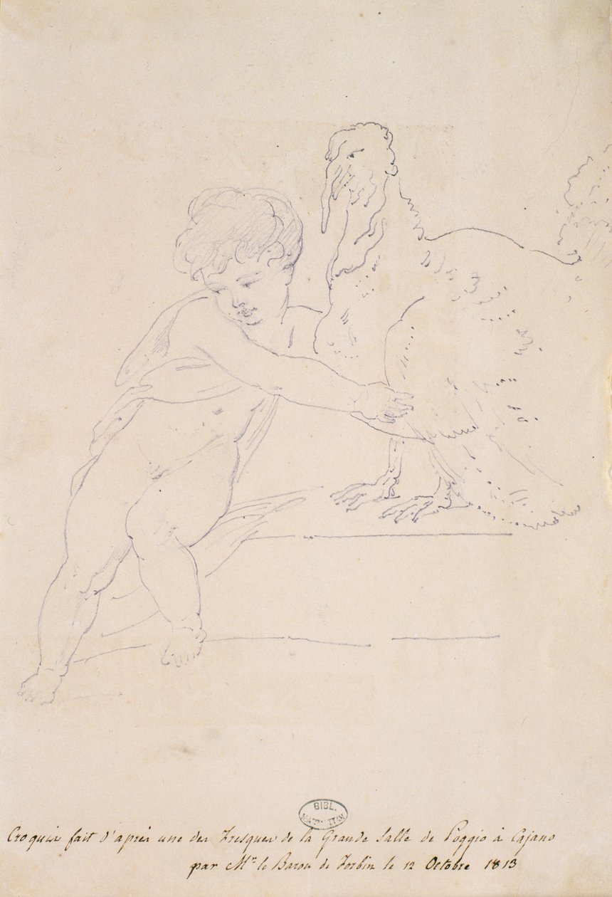 رسم تخطيطي من القاعة الكبرى في بوجيو أ كايانو ، ١٢ أكتوبر ١٨١٣ بواسطة المدرسة الفرنسية