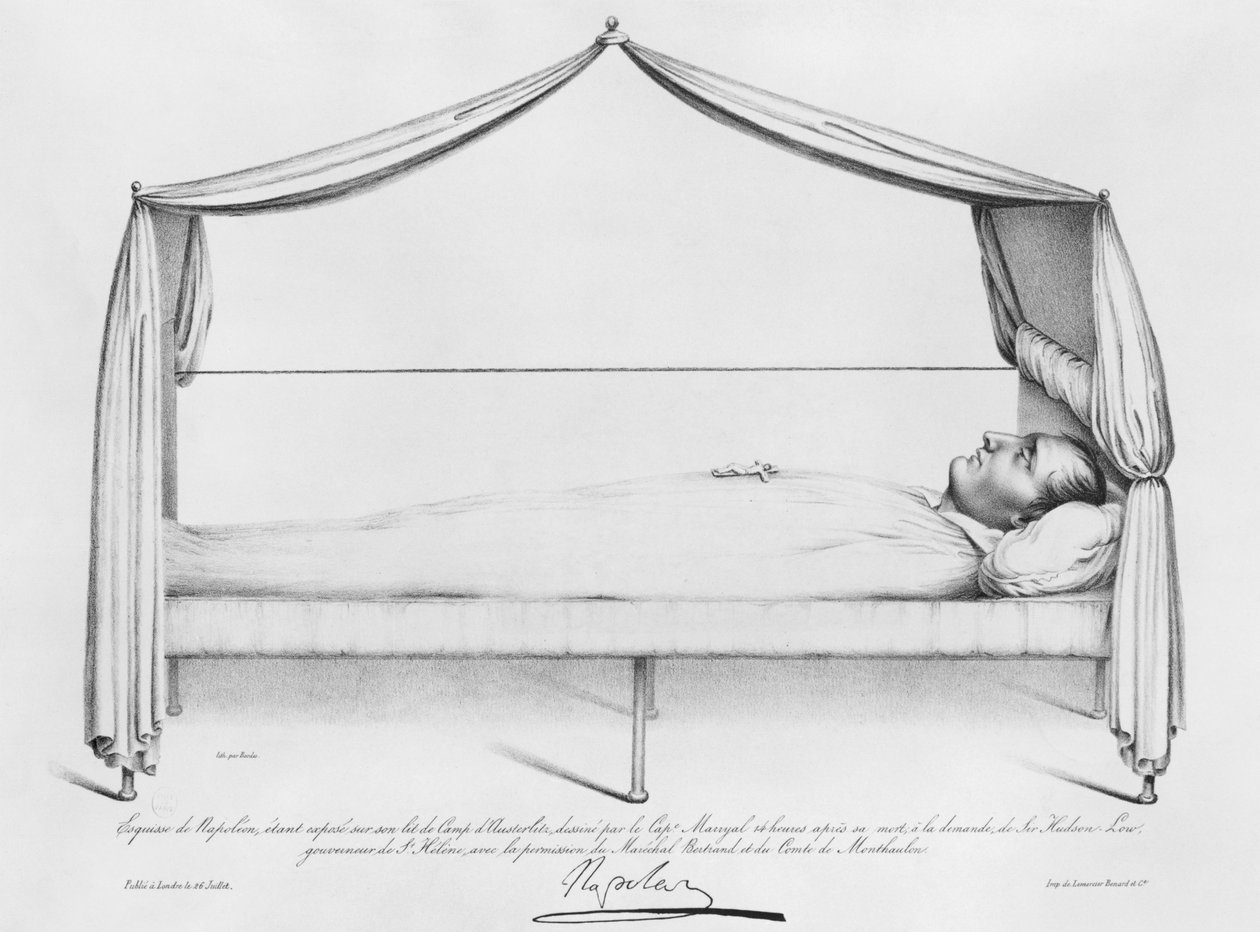 رسم نابليون الأول (1769-1821) على فراش الموت الذي رسمه القبطان ماريال في سانت هيلانة ، نقشه بورديس ، 5 مايو 1821 بواسطة المدرسة الفرنسية